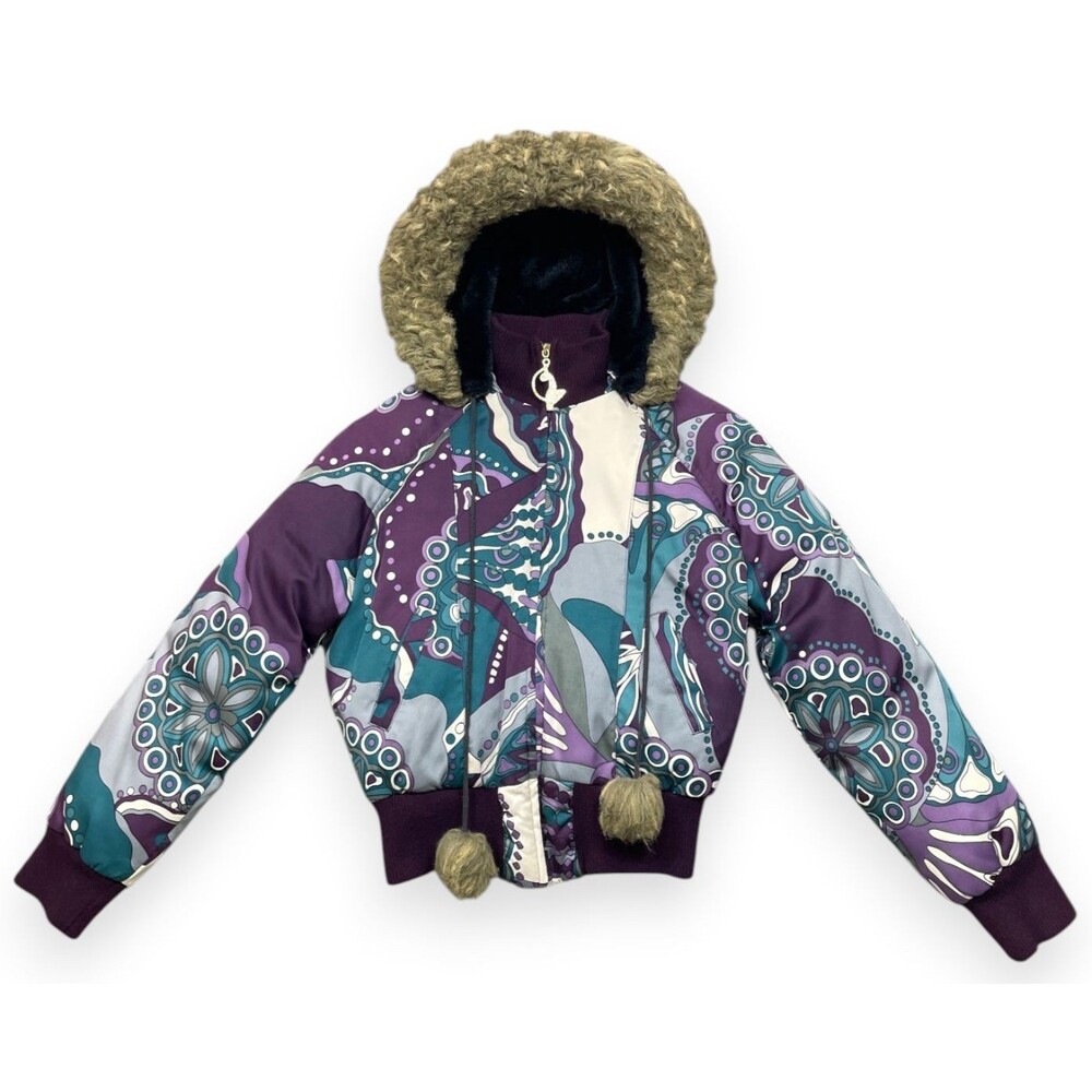 Vintage Y2K Baby Phat Puffer Jacket Womens L Purple Blue Faux Fur Hood Bomber